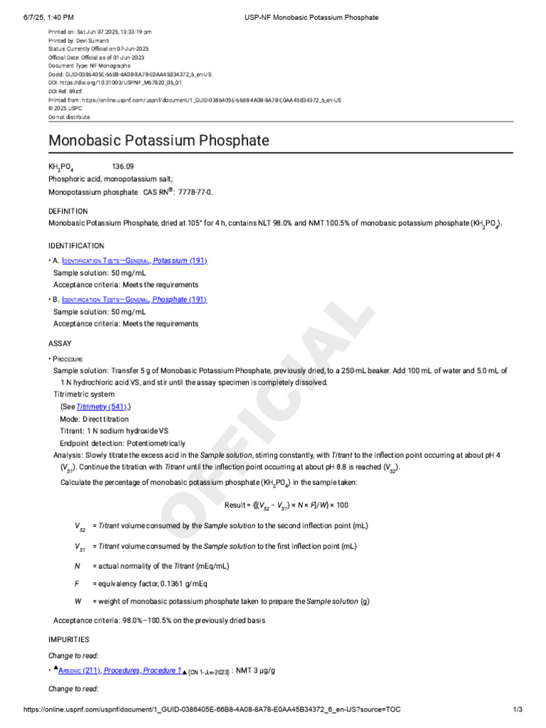 Monobasic Potassium Phosphate | PDF | Titration | Chemistry