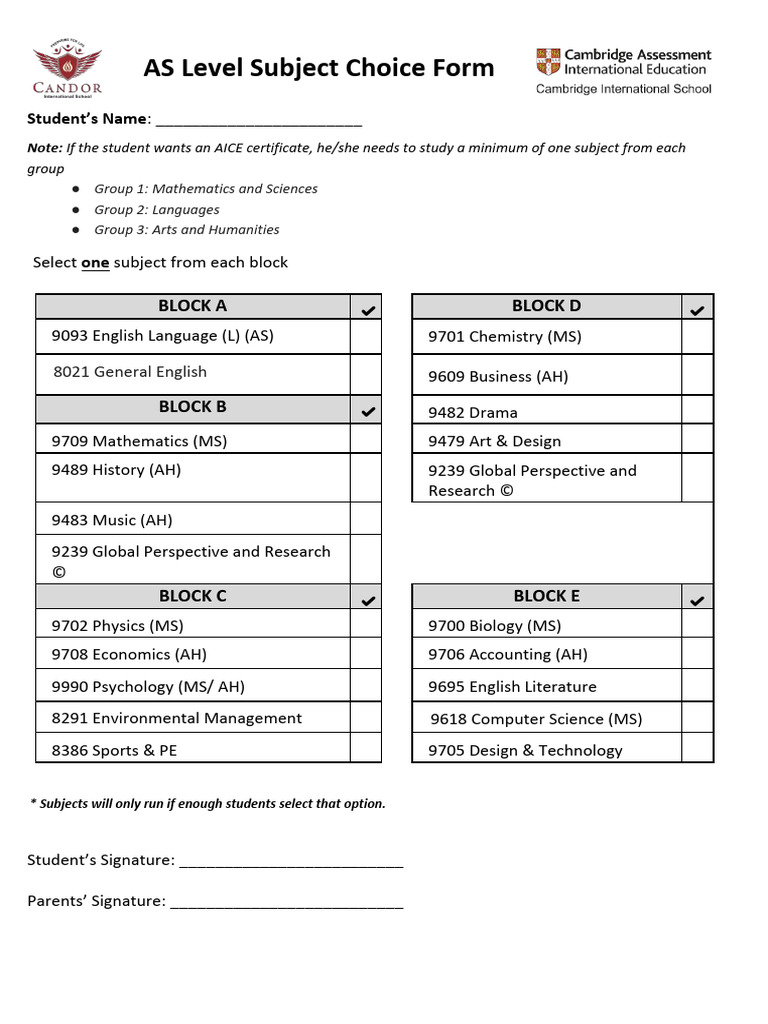 As-Level Subject Choice Form AY 2026-27 | PDF | Science