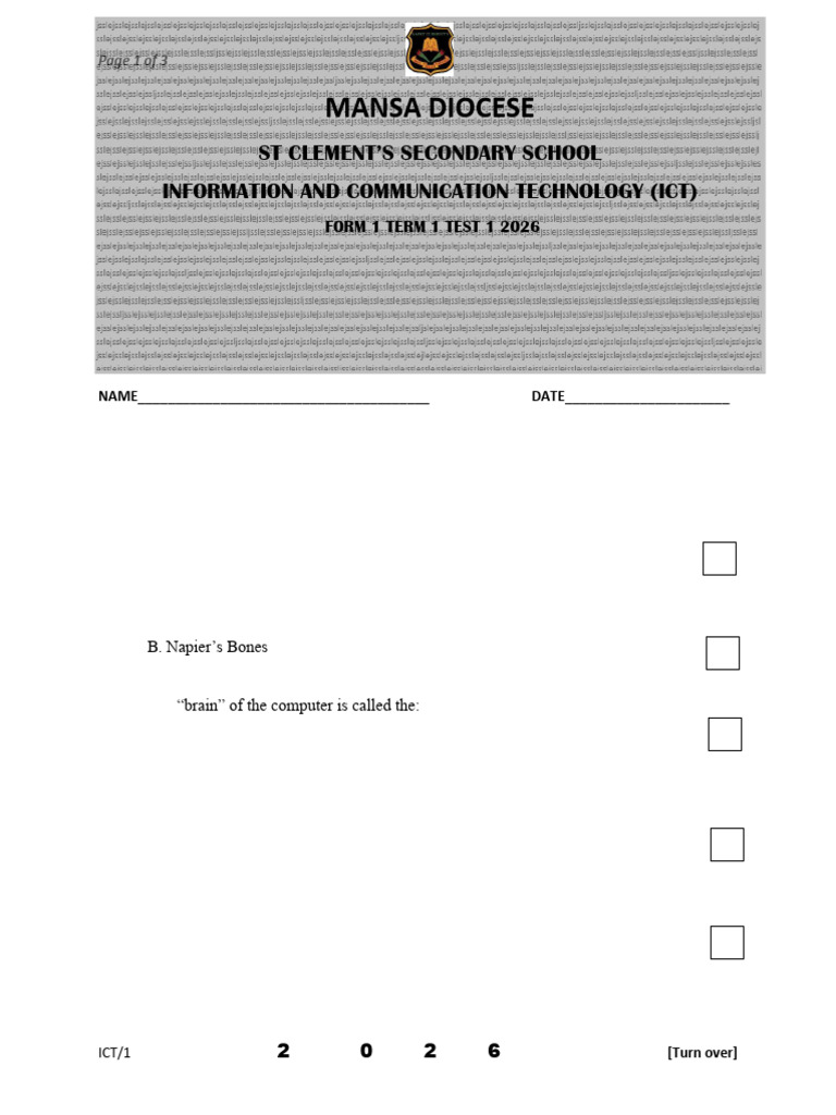 Form 1 Test 2 Term 1 2026 Ict | PDF | Computer Keyboard | Image Scanner