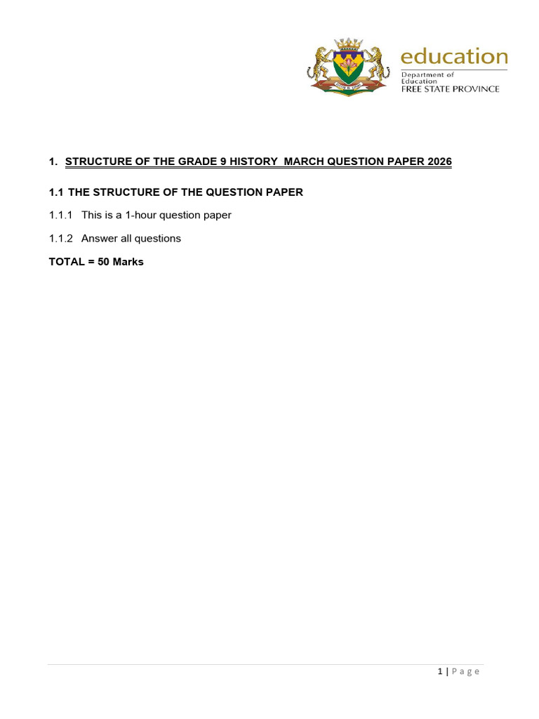 Grade 9 History Examination Framework for MARCH 2026 | PDF