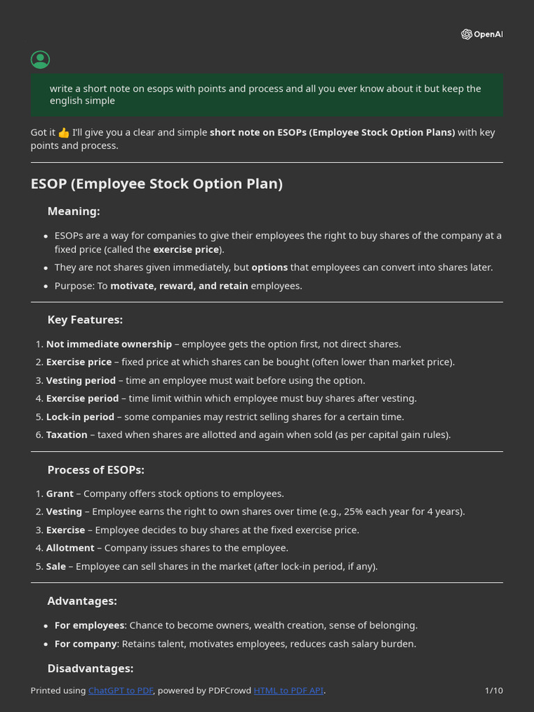 Employee Stock Option Plan (ESOP) | PDF | Stocks | Option (Finance)
