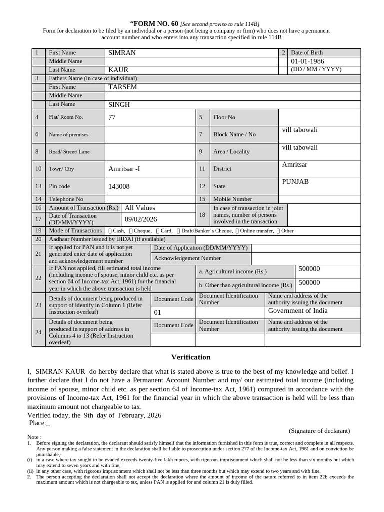 dkyc_form_60_DKYCSA7087525898B02191_1770631503 | PDF | Income Tax ...