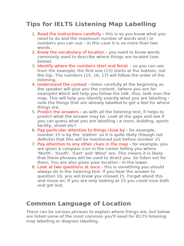 Tips For IELTS Listening Map Labelling | PDF | International English ...