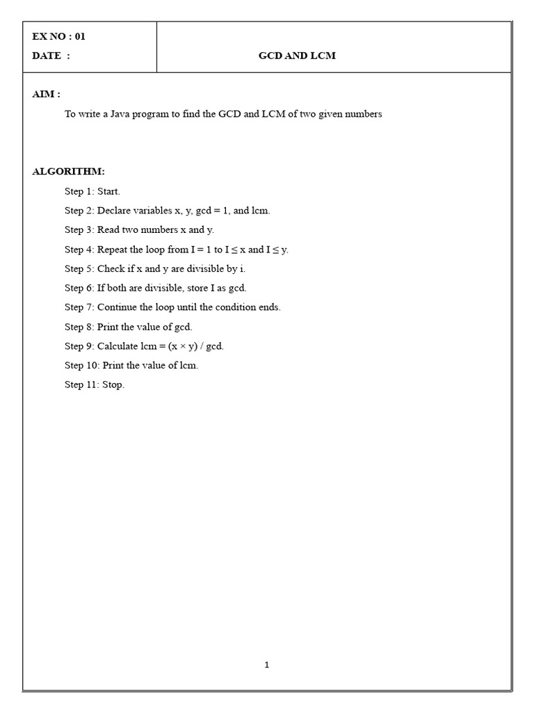 Ex No: 01 Date: GCD and LCM | PDF | Computer Science | Algorithms
