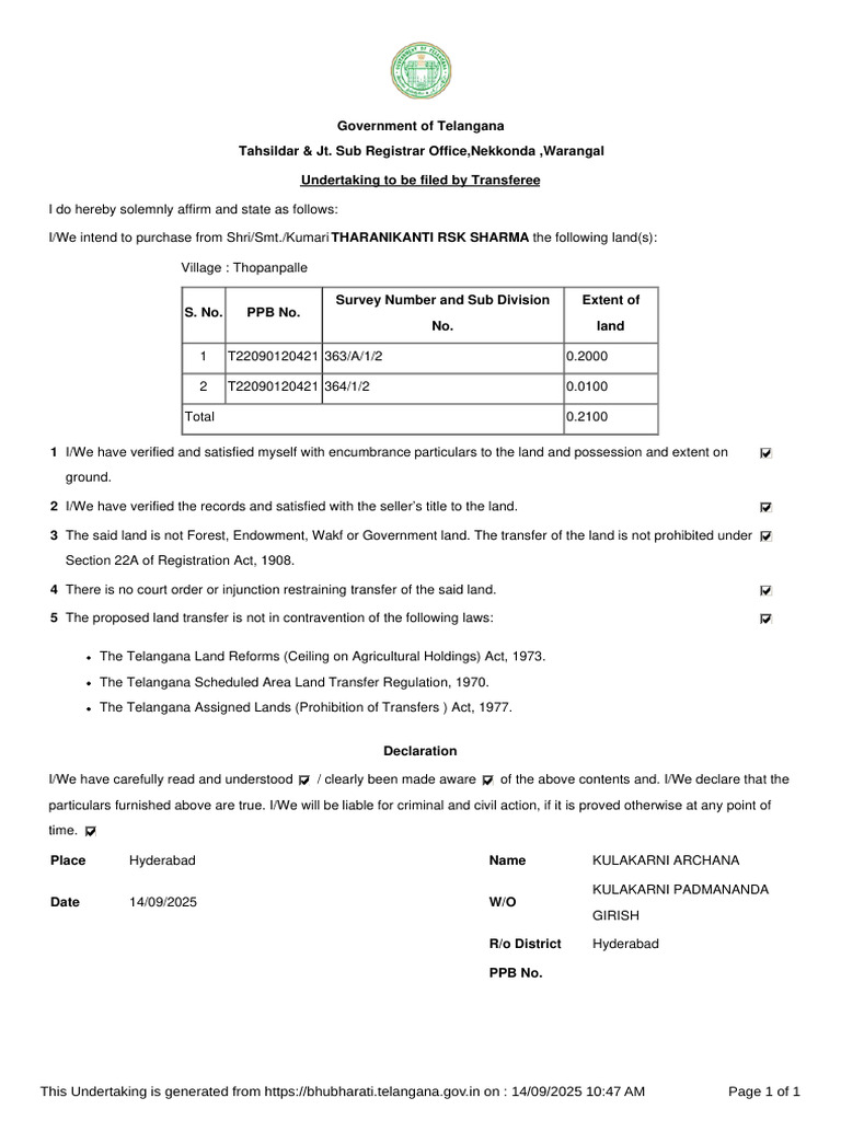 Transferee Undertaking 4939659 (2) | PDF | Civil Law (Common Law ...