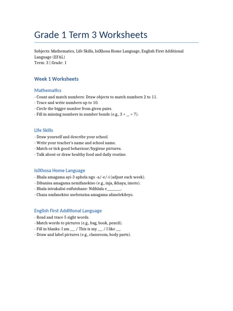 Grade 1 Term 3 Matching Worksheets Weeks 1 to 10 | PDF | Human ...
