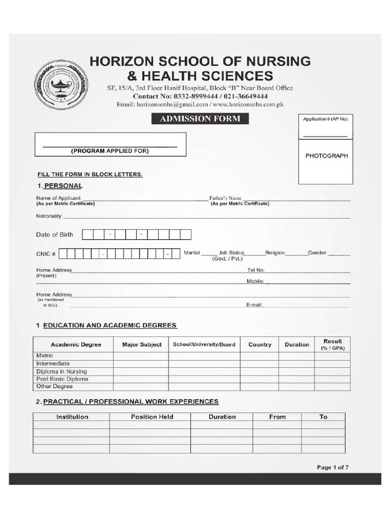 Hsnhs Admission Form | PDF