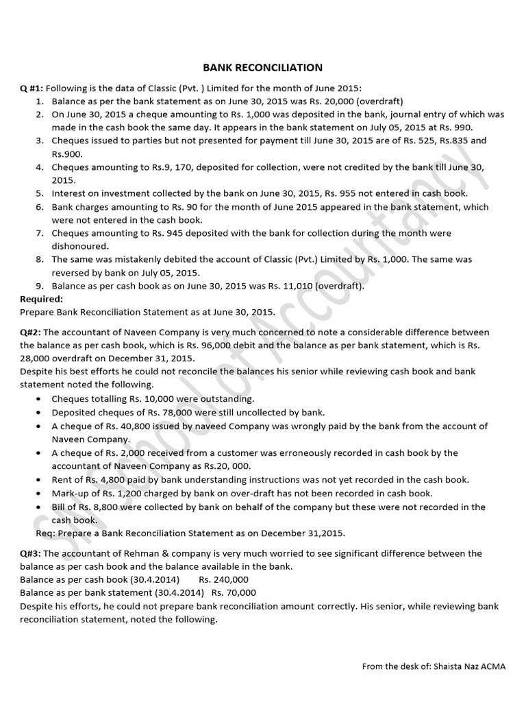 BANK RECONCILIATION Practise Questions | PDF | Banks | Cheque