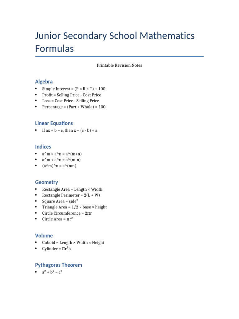 Junior Secondary School Maths Formulas | PDF