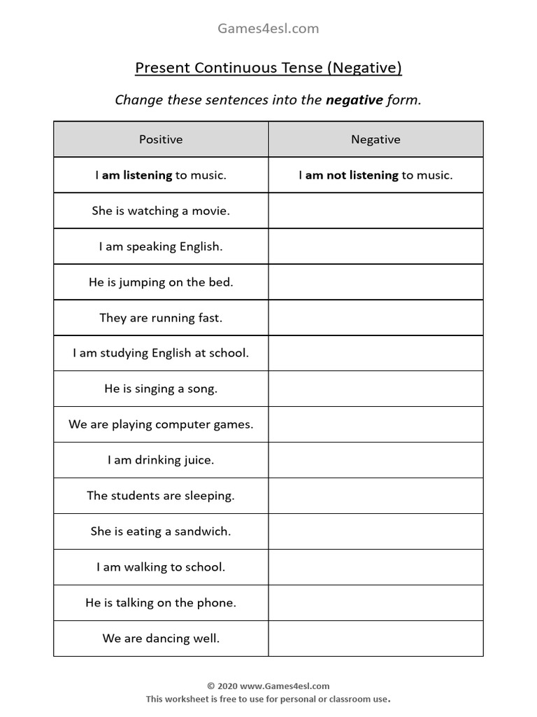 Present Continuous Exercise Worksheet 2 Negative | PDF