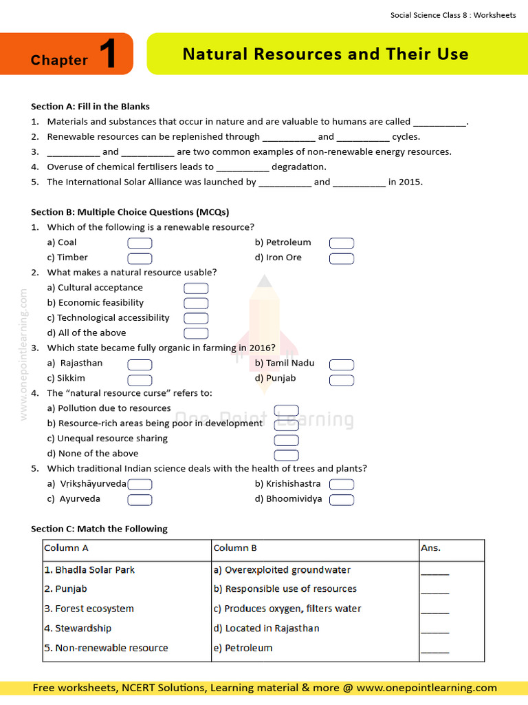 SST Class 8 Work Sheet | PDF