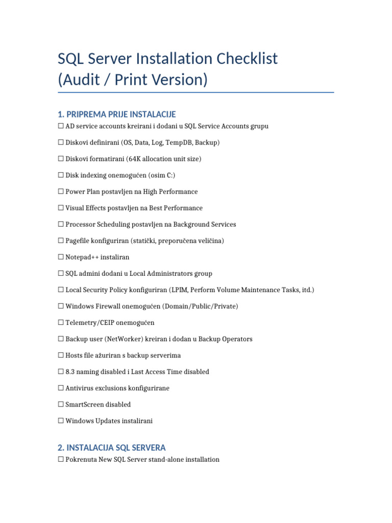 SQL Server Installation Checklist Audit | PDF