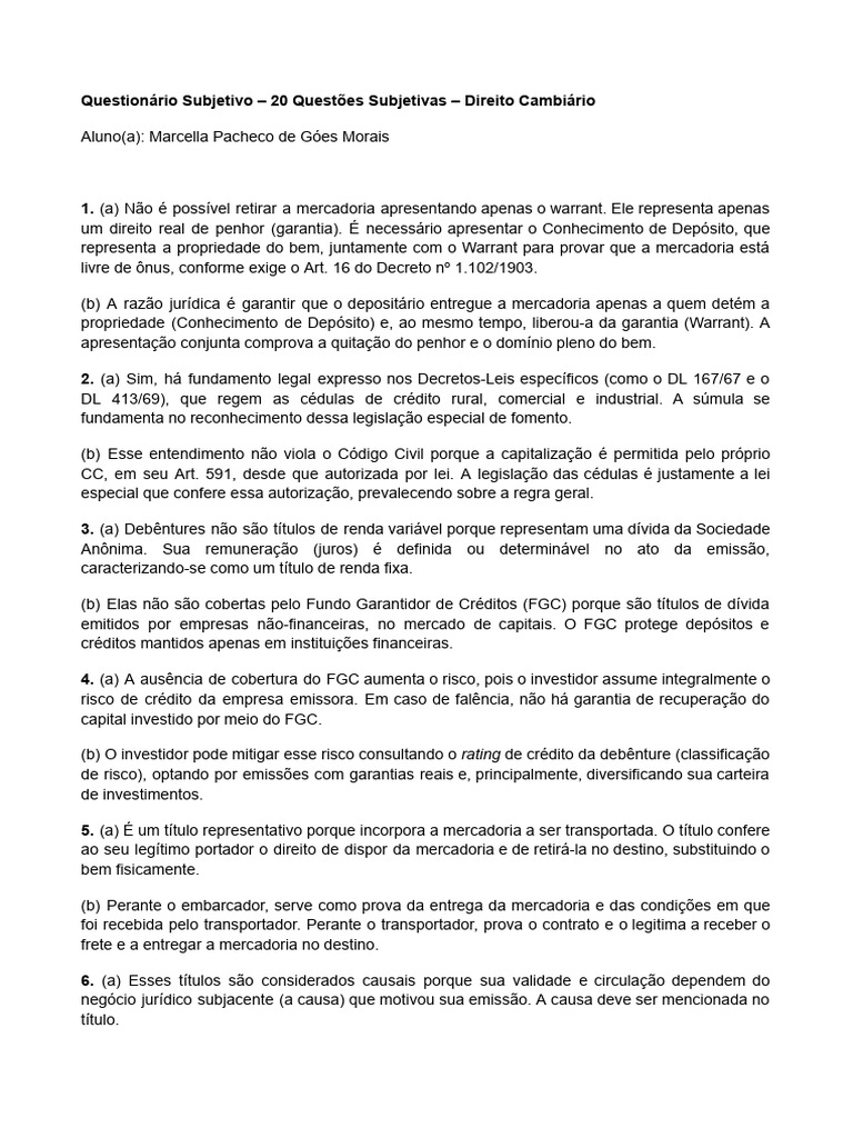 Questionário Subjetivo - 20 Questões Subjetivas - Direito Cambiário ...