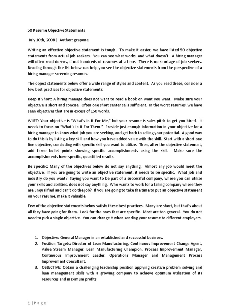resume 50 Resume Objective Statements 50 resume objective statements sales chief information officer