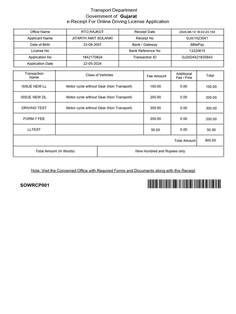 RTO Fee Receipt | PDF