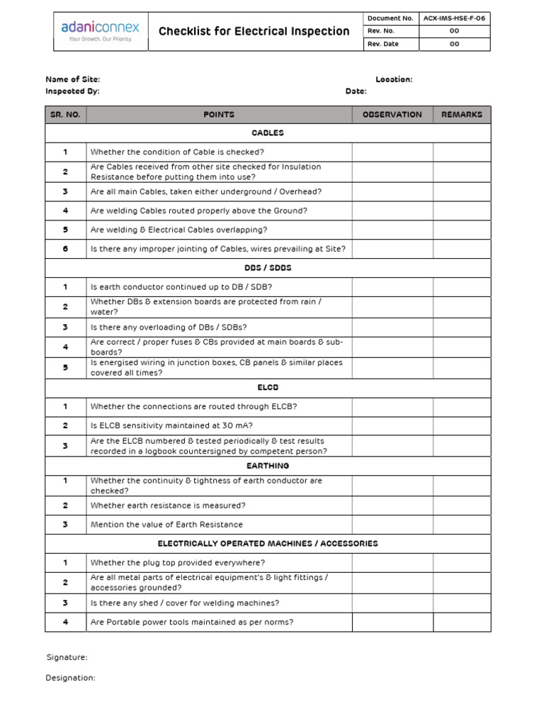 ACX IMS HSE F 06 Checklist For Electrical Inspection | PDF | Electrical ...