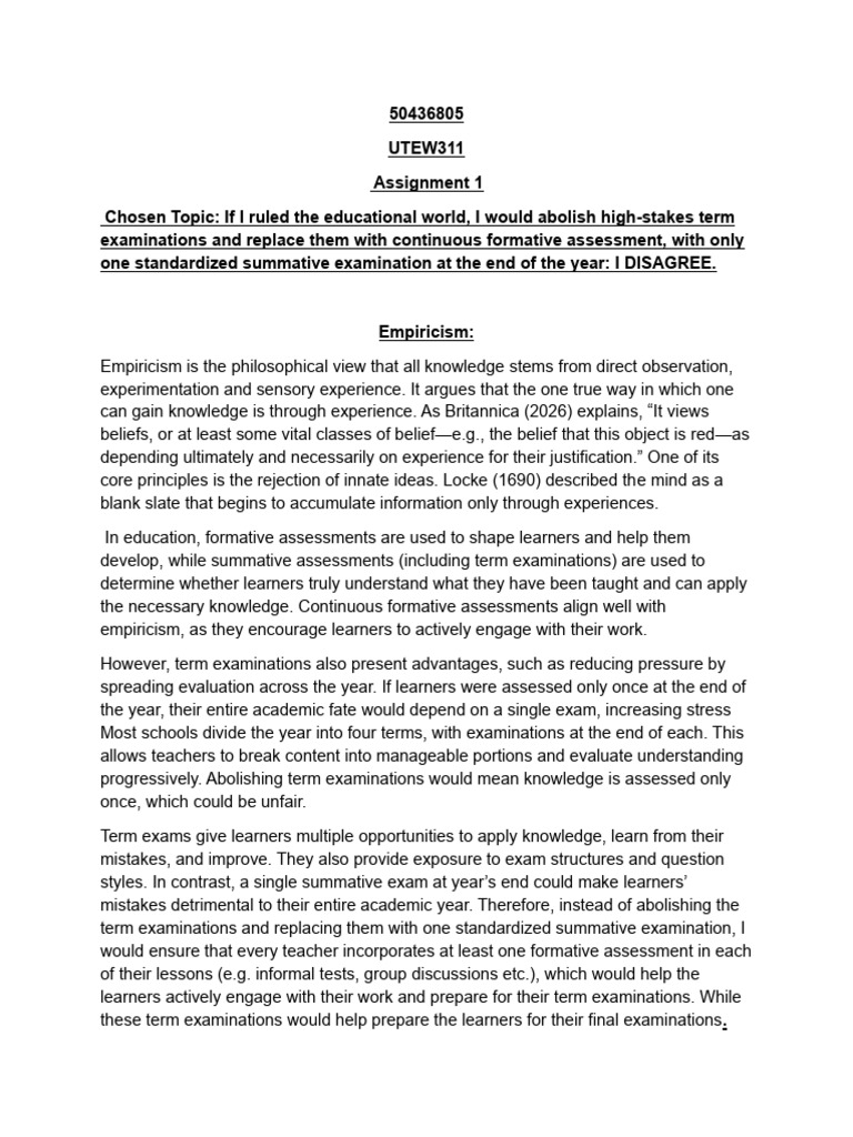 50436805,Utew 311 Student 1 Assignment | PDF | Educational Assessment ...