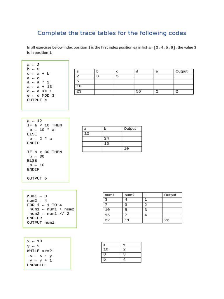Code Tracing Exercises Answers | PDF | Algorithms | Computer Programming