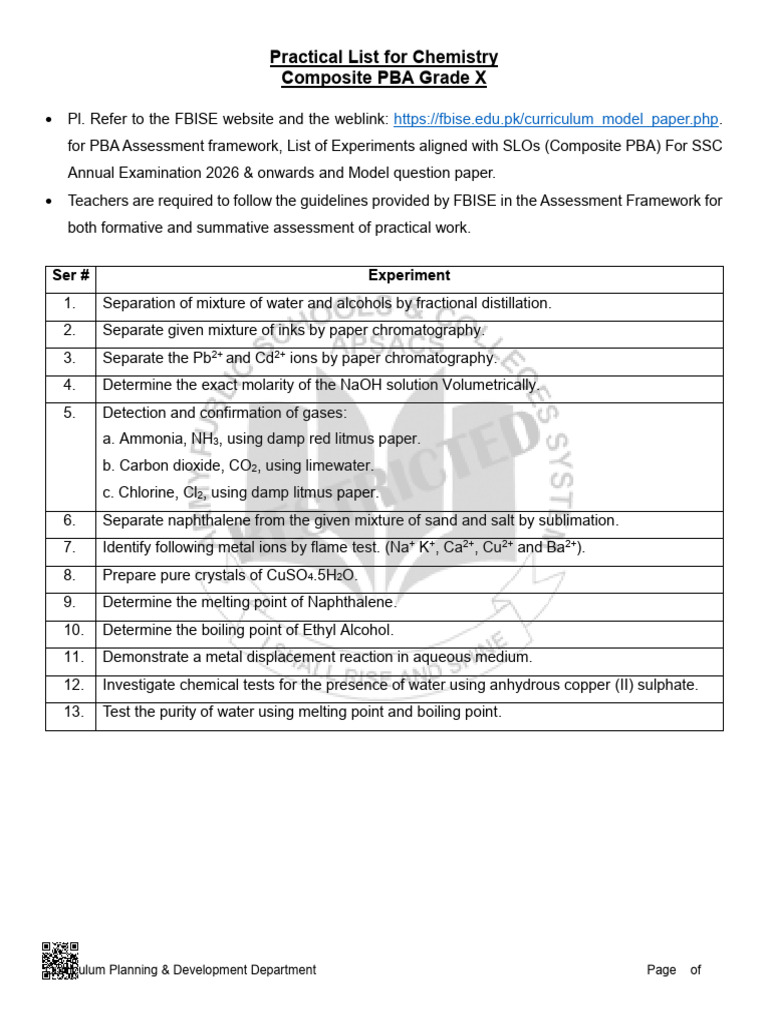 List of Practicals Chemistry Composite PBA_Class X | PDF
