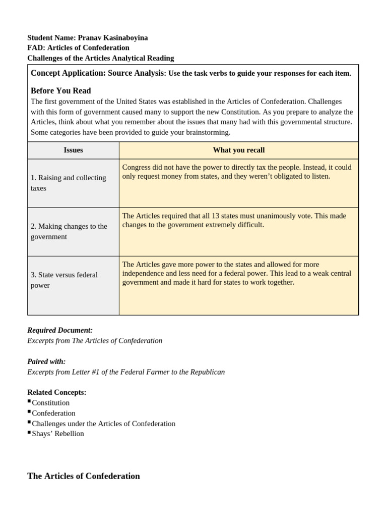 APGov FAD ArticlesofConfederation | PDF | United States Congress ...