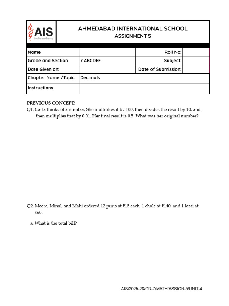 Ais 2025-26 Gr-7 Math Assign-5 Unit-4 | PDF | Mathematics
