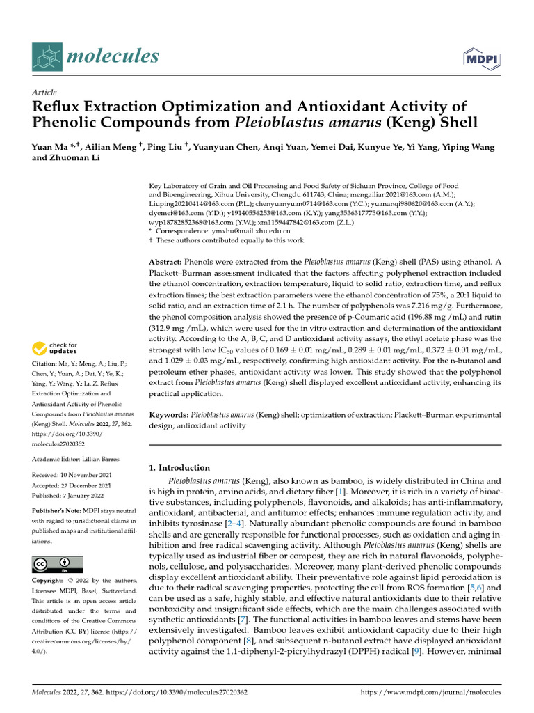 Reflux Extraction Optimization and Antioxidant Act | PDF | Polyphenol ...