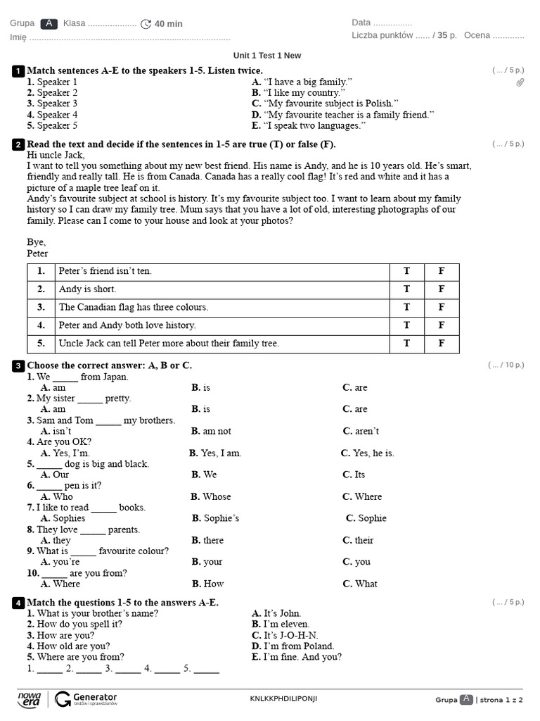Unit 1 Test 1 New Test (z widoczną punktacją) | PDF | Chess Openings ...