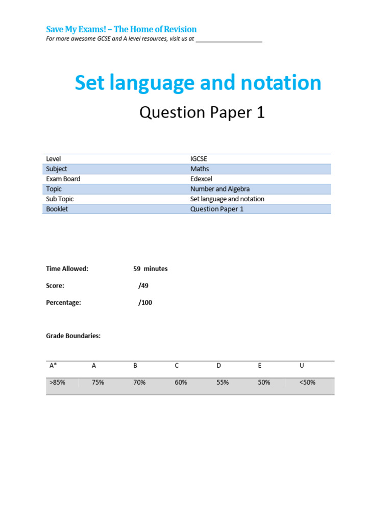 1.5.1 Set Language and Notation QP - Igcse Edexcel Maths Updated | PDF ...
