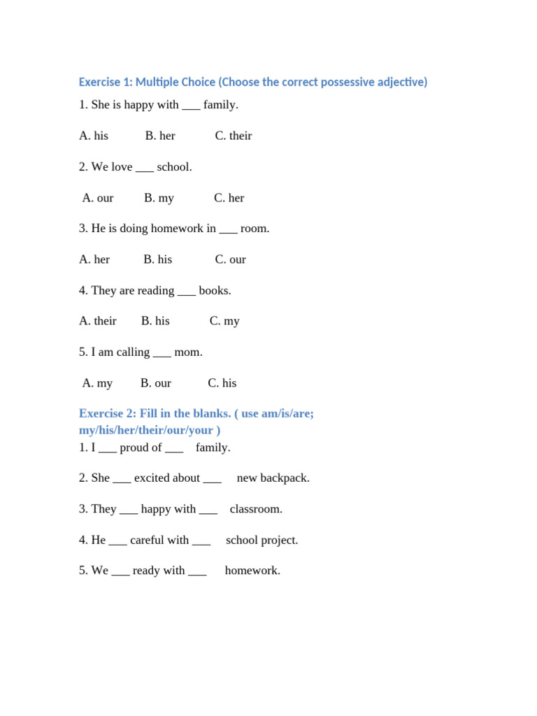 Possessive Adjectives Practice | PDF