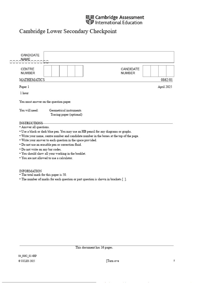 Dlstudocu.com Cambridge Lower Secondary Checkpoint Mathematics 0862 01 ...