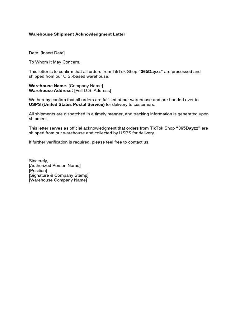 Warehouse Shipment Acknowledgment Letter | PDF