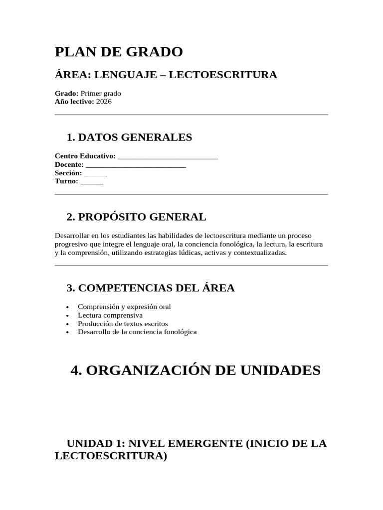PLAN DE GRADO DE PRIMERO | PDF | Escritura | Comprensión lectora