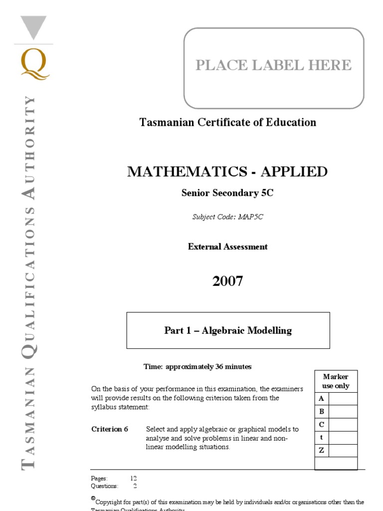 Tasmanian Certificate of Education Mathematics Applied 2007 | PDF ...