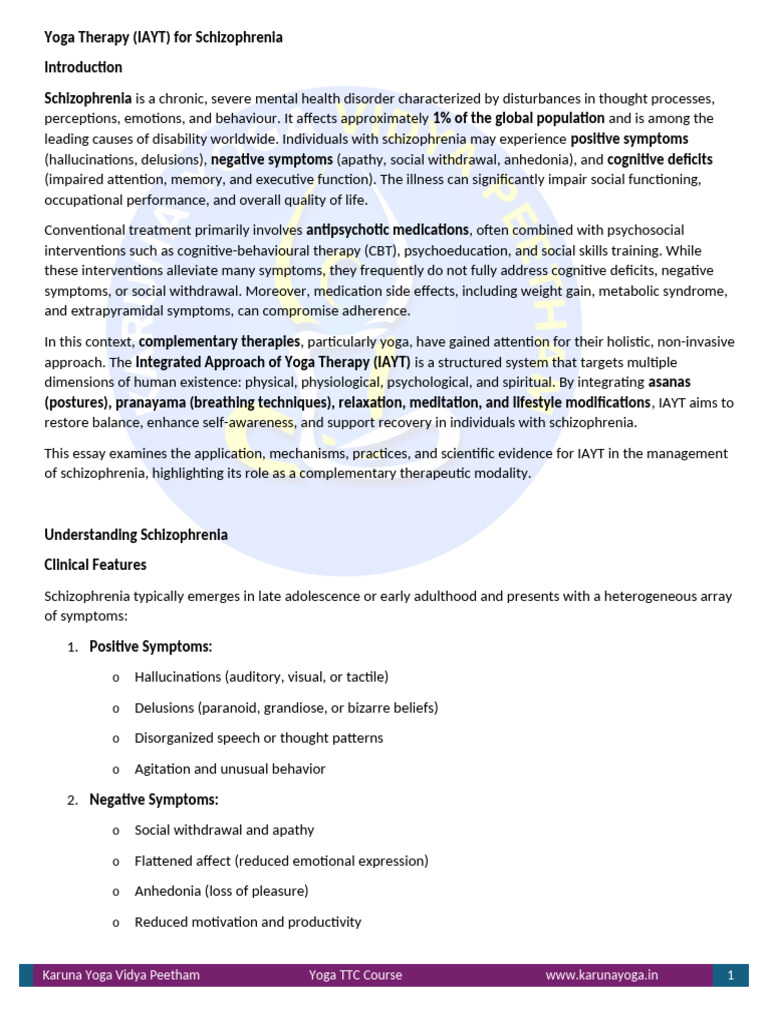 Yoga Therapy (IAYT) For Schizophrenia | PDF | Schizophrenia | Psychotherapy