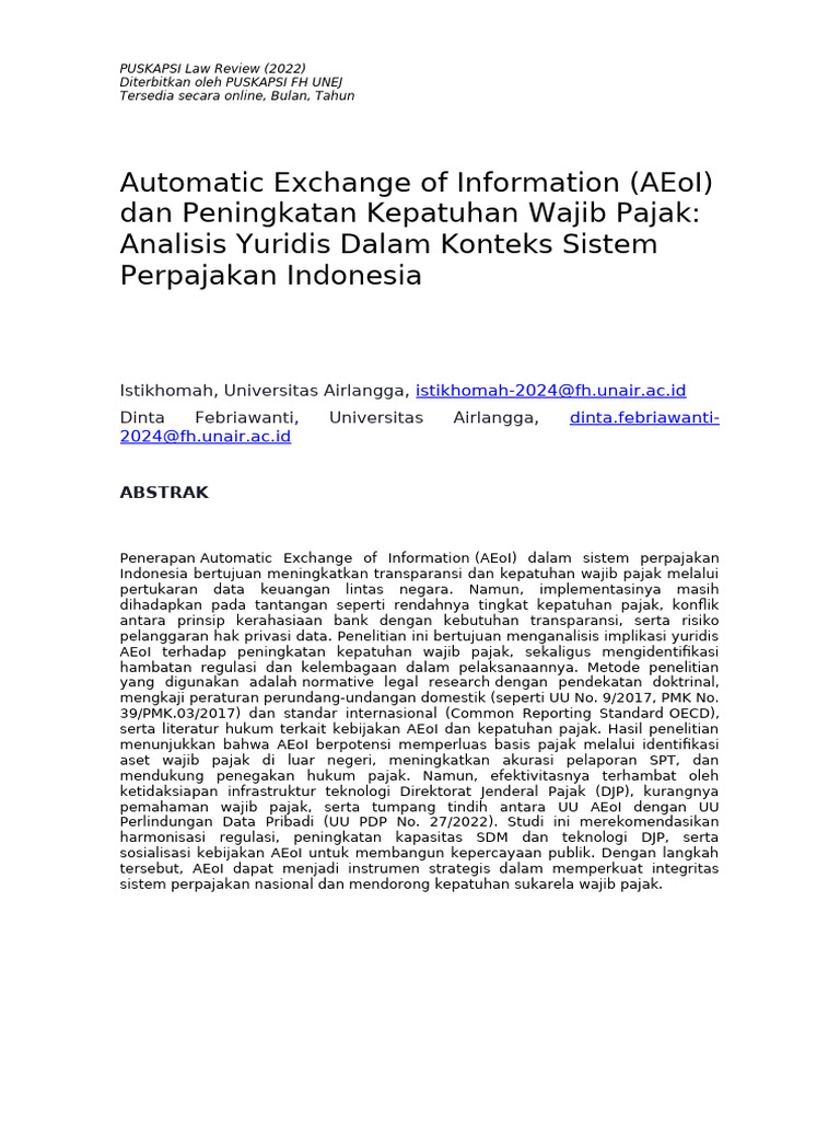Automatic Exchange of Information (AEoI) Dan Peningkatan Kepatuhan ...