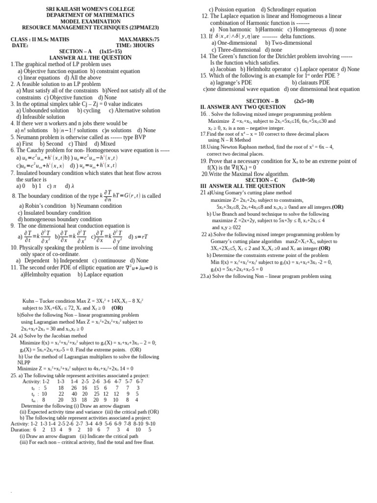RMT - Model Exam -1 | PDF | Mathematical Optimization | Partial ...