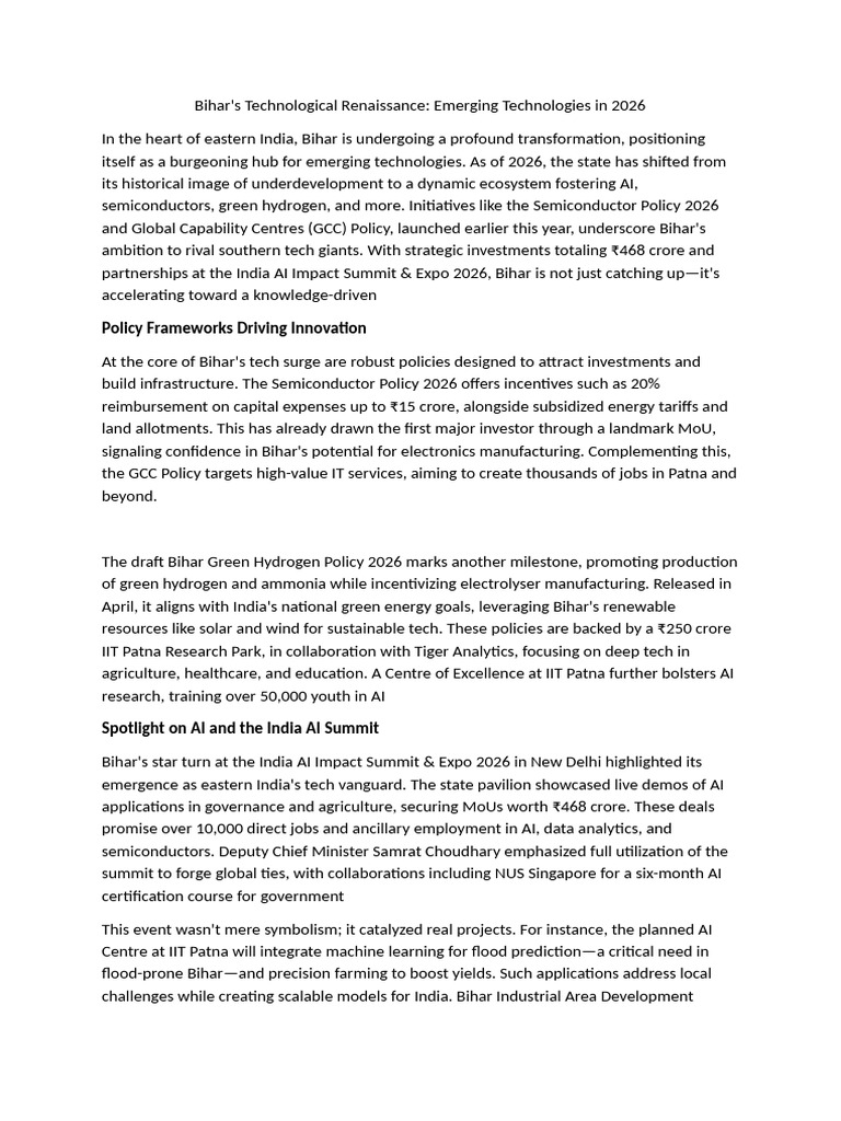 Bihar's Technological Renaissance Emerging Technologies in 2026 | PDF ...
