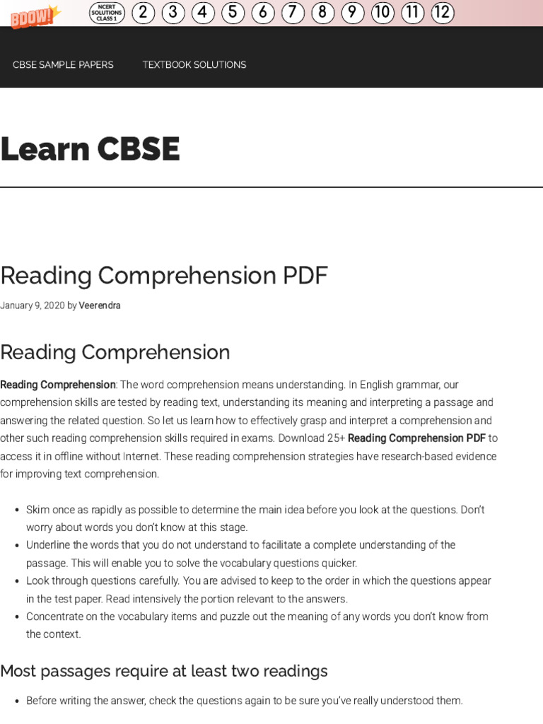 Reading Comprehension PDF - Learn CBSE | PDF