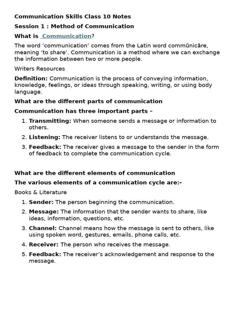 X-Communication Skills Class 10 Notes | PDF | Communication | Nonverbal ...