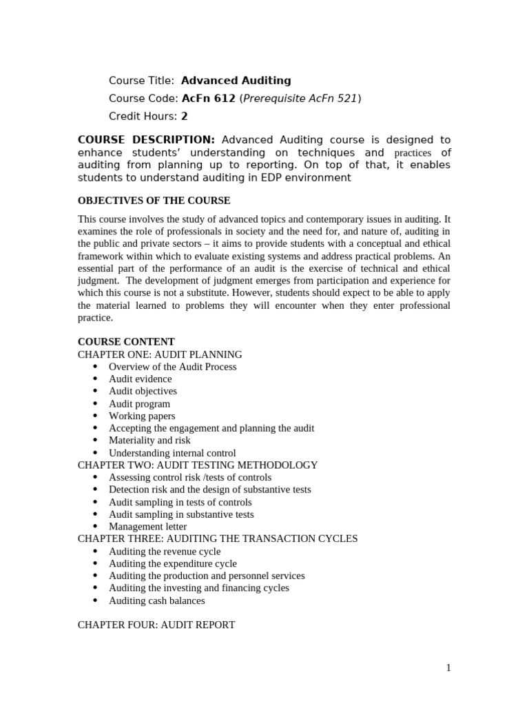 Adv. Auditing Course Outline | PDF | Audit | Business