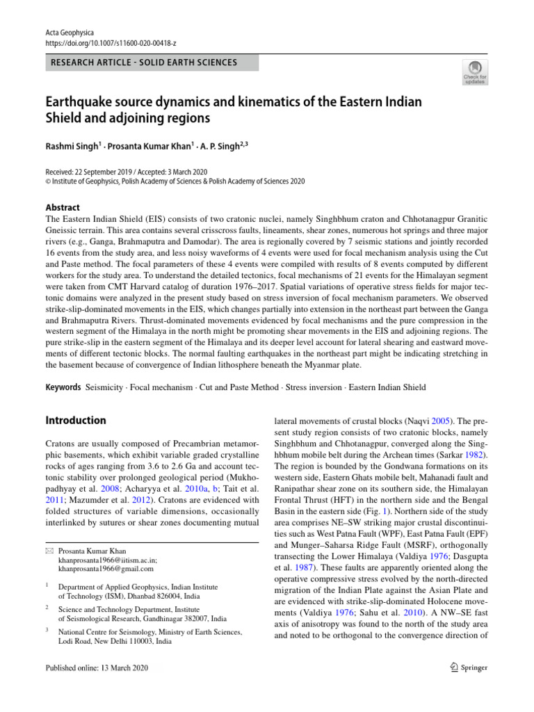 Earthquake Source Dynamics and Kinematics of the Eastern Indian Shield ...