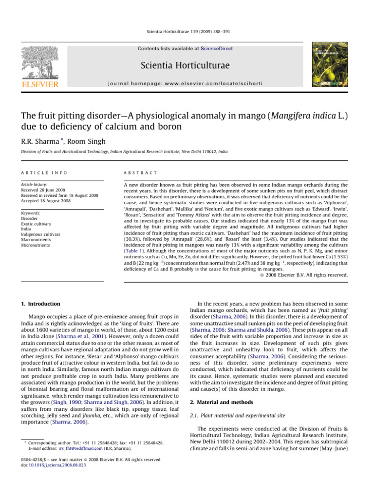 The fruit pitting disorder-Aphysiological anomaly in mango (Mangifera ...