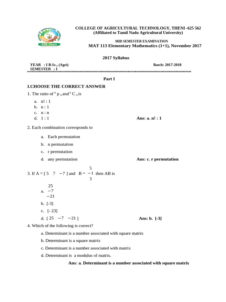 Mid Sem | PDF | Determinant | Matrix (Mathematics)