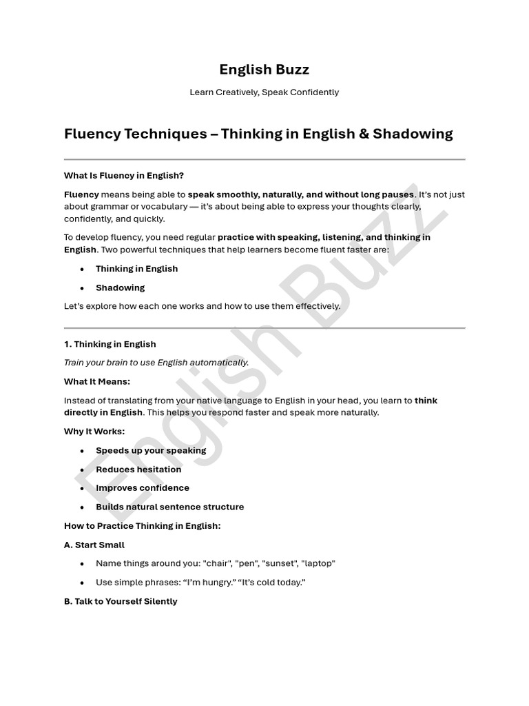 Fluency Techniques – Thinking in English & Shadowing | PDF | Fluency ...