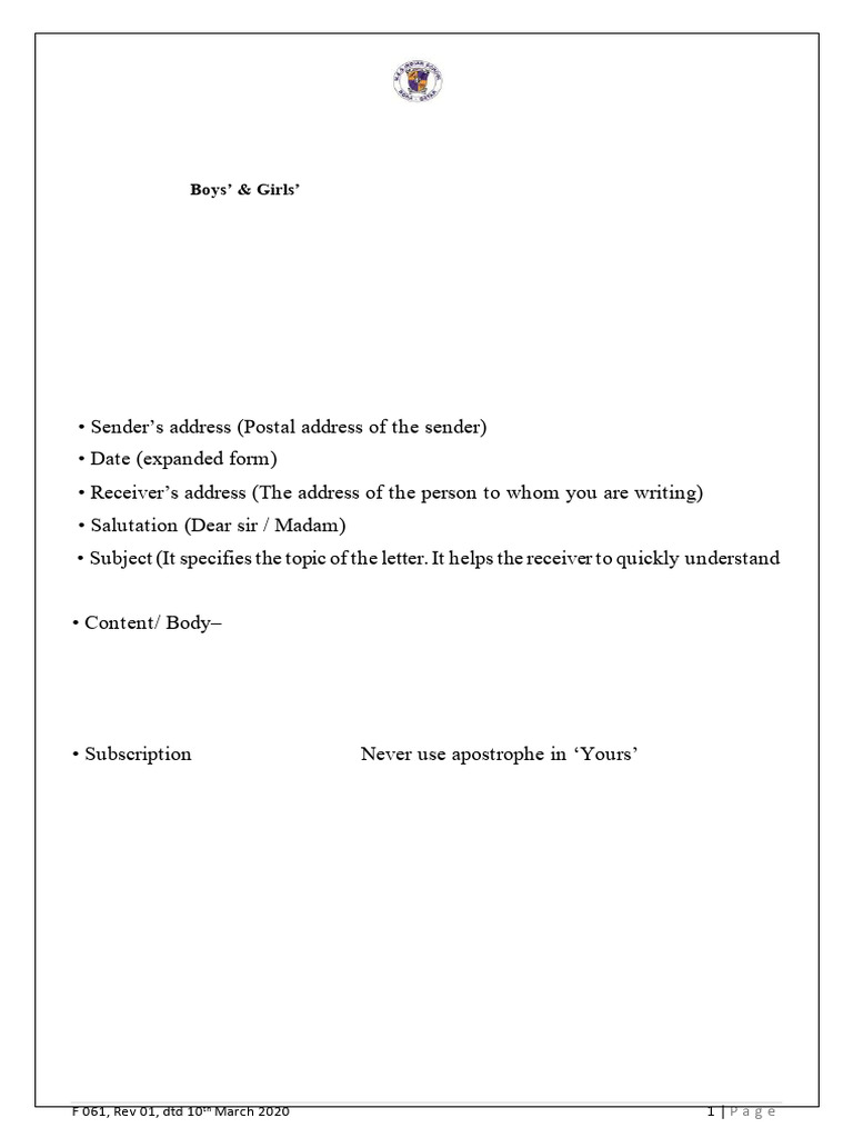 Class 6 English Notes 15 Formal Letter | PDF
