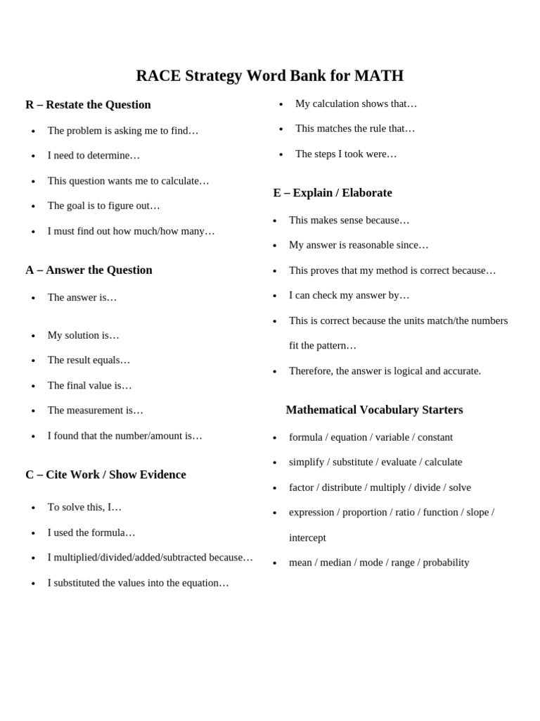RACE Strategy Word Bank for Math | PDF