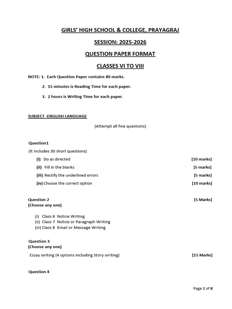 Question Paper Format 6 To 8 2025 26 | PDF | Question | Multiple Choice
