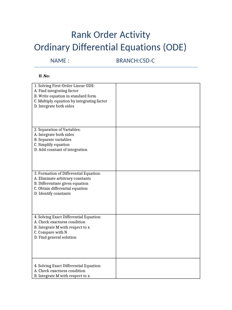 ODE Rank Order Activity | PDF | Equations | Ordinary Differential Equation