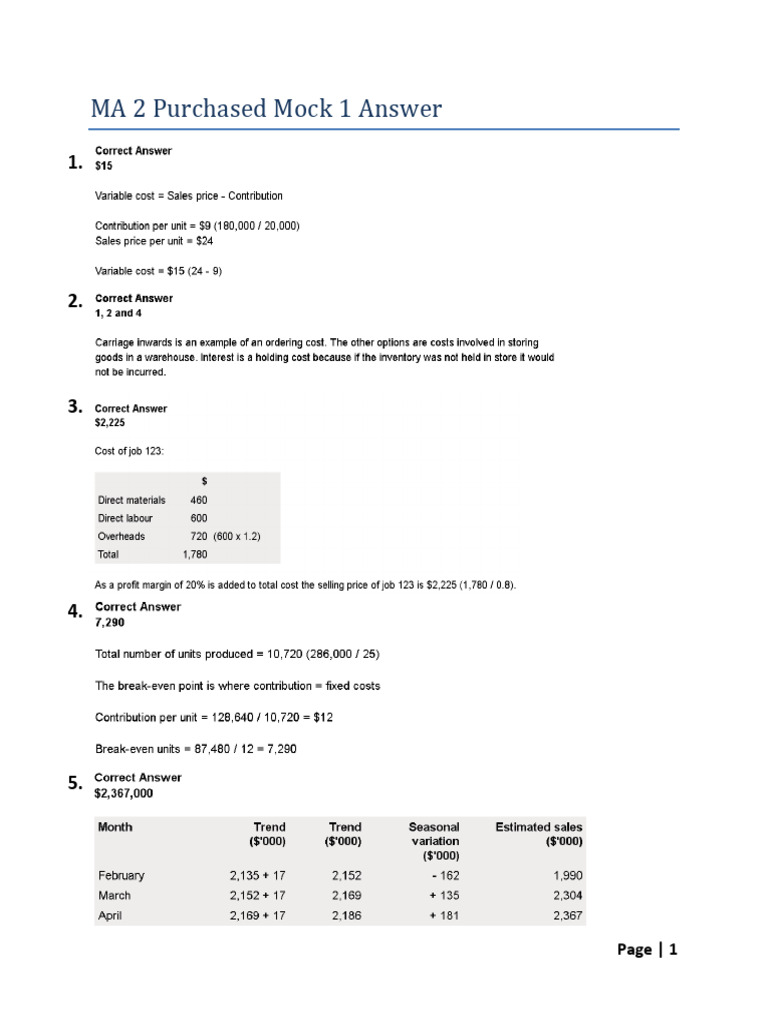 MA2 Mock 1 Answer | PDF