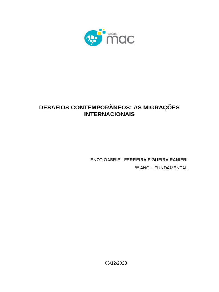 Trabalho Geografia - Enzo Ranieri - 9º | PDF | Imigração | Migração humana